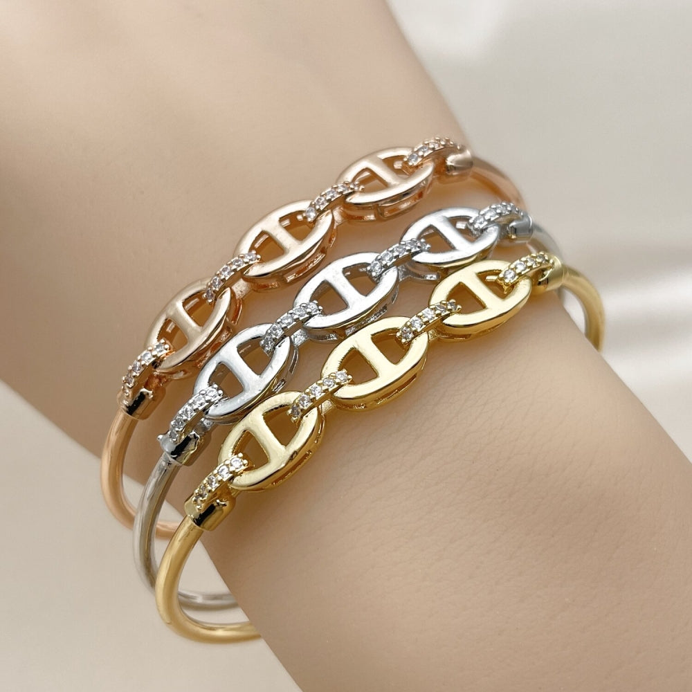 Oro Laminado Trio Bangle, Gold Filled Style Puff Mariner Design, with White Micro Pave, Polished, Tricolor