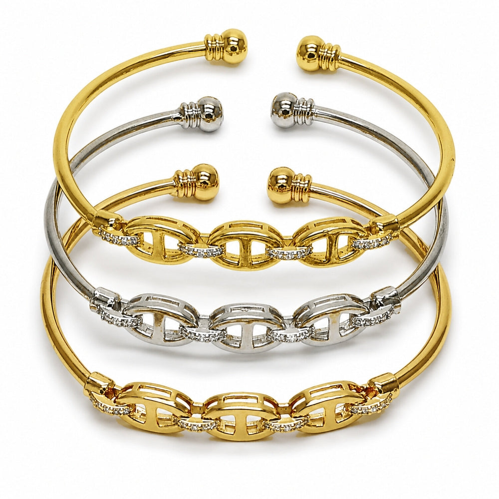 Oro Laminado Trio Bangle, Gold Filled Style Puff Mariner Design, with White Micro Pave, Polished, Tricolor