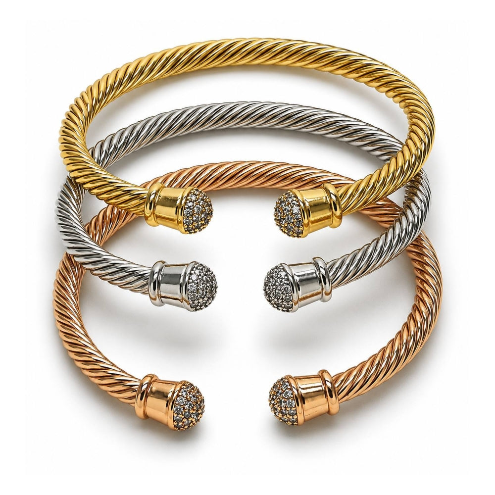 Oro Laminado Trio Bangle, Gold Filled Style Twist Design, with White Cubic Zirconia, Polished, Golden Finish