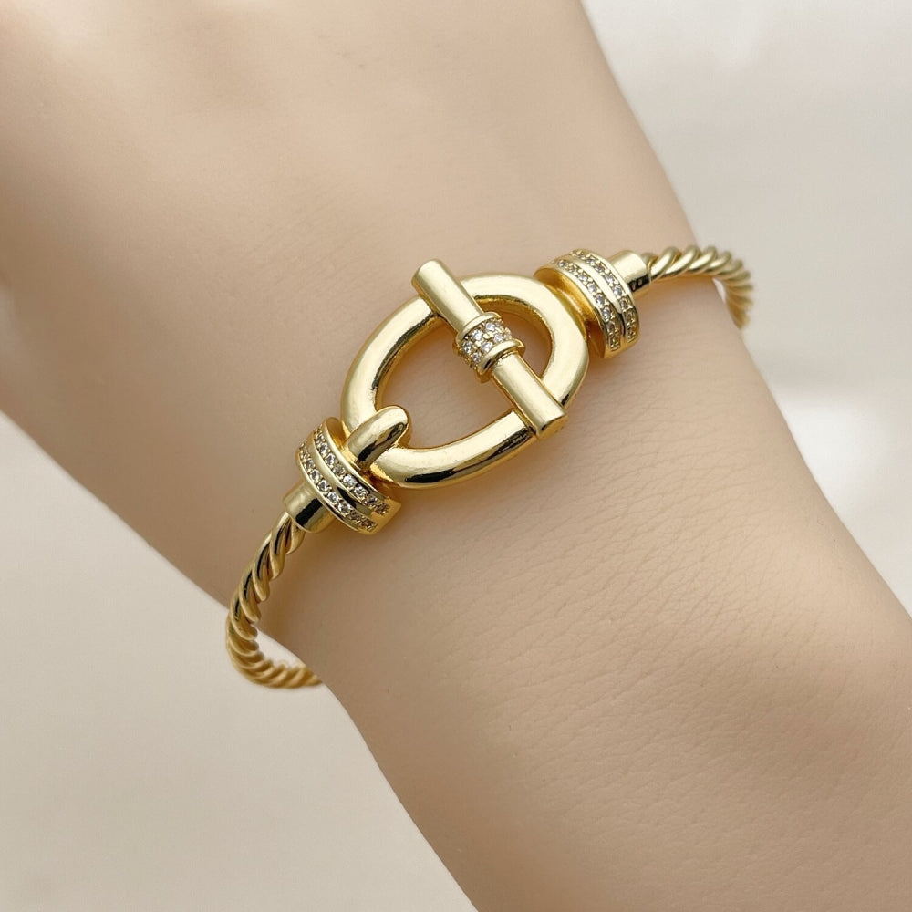Oro Laminado Individual Bangle, Gold Filled Style Belt Buckle and Twist Design, with White Micro Pave, Polished, Golden Finish