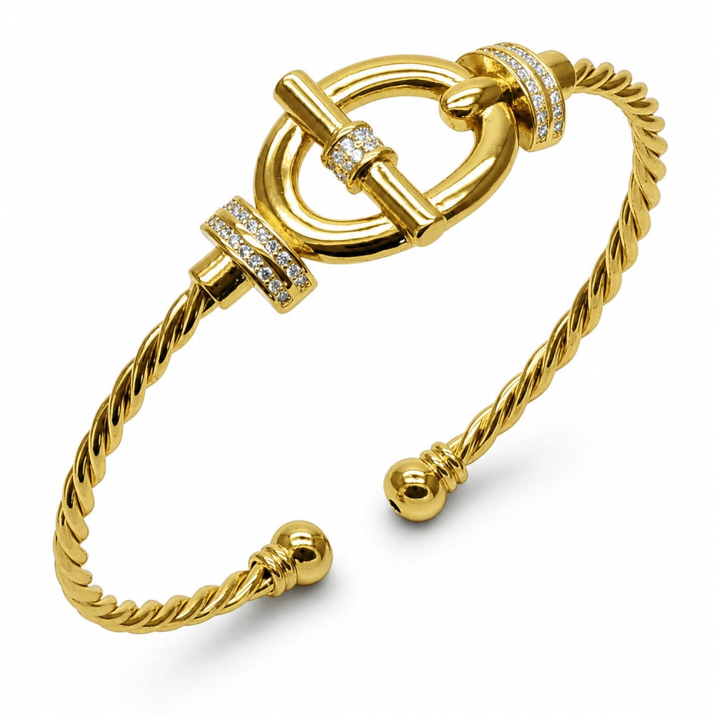 Oro Laminado Individual Bangle, Gold Filled Style Belt Buckle and Twist Design, with White Micro Pave, Polished, Golden Finish