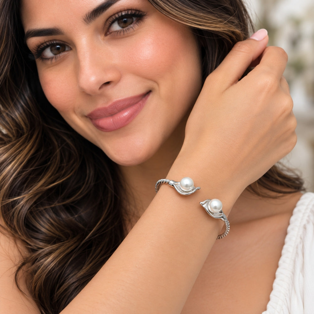 Rhodium Gold Filled Individual Bangle, Flower and Twist Design, with Ivory Pearl, Polished, Rhodium Finish