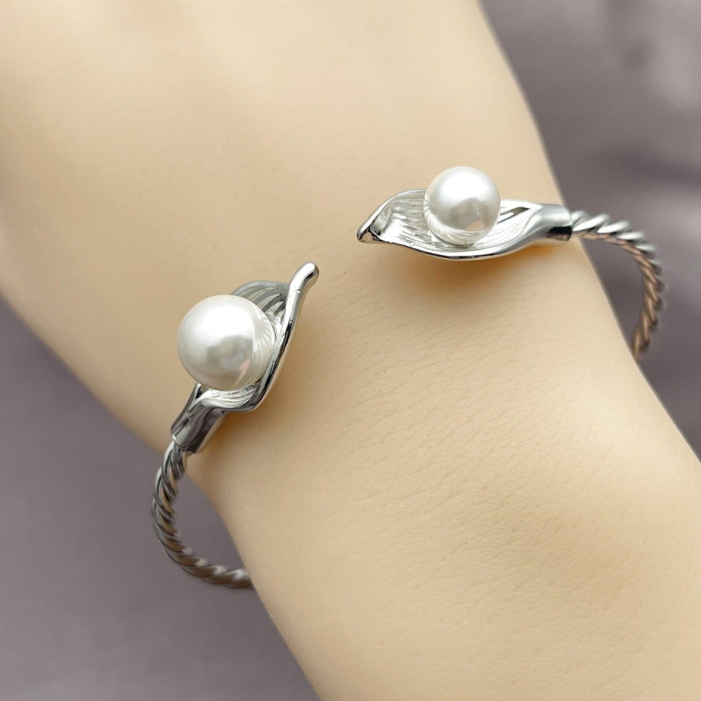 Rhodium Gold Filled Individual Bangle, Flower and Twist Design, with Ivory Pearl, Polished, Rhodium Finish