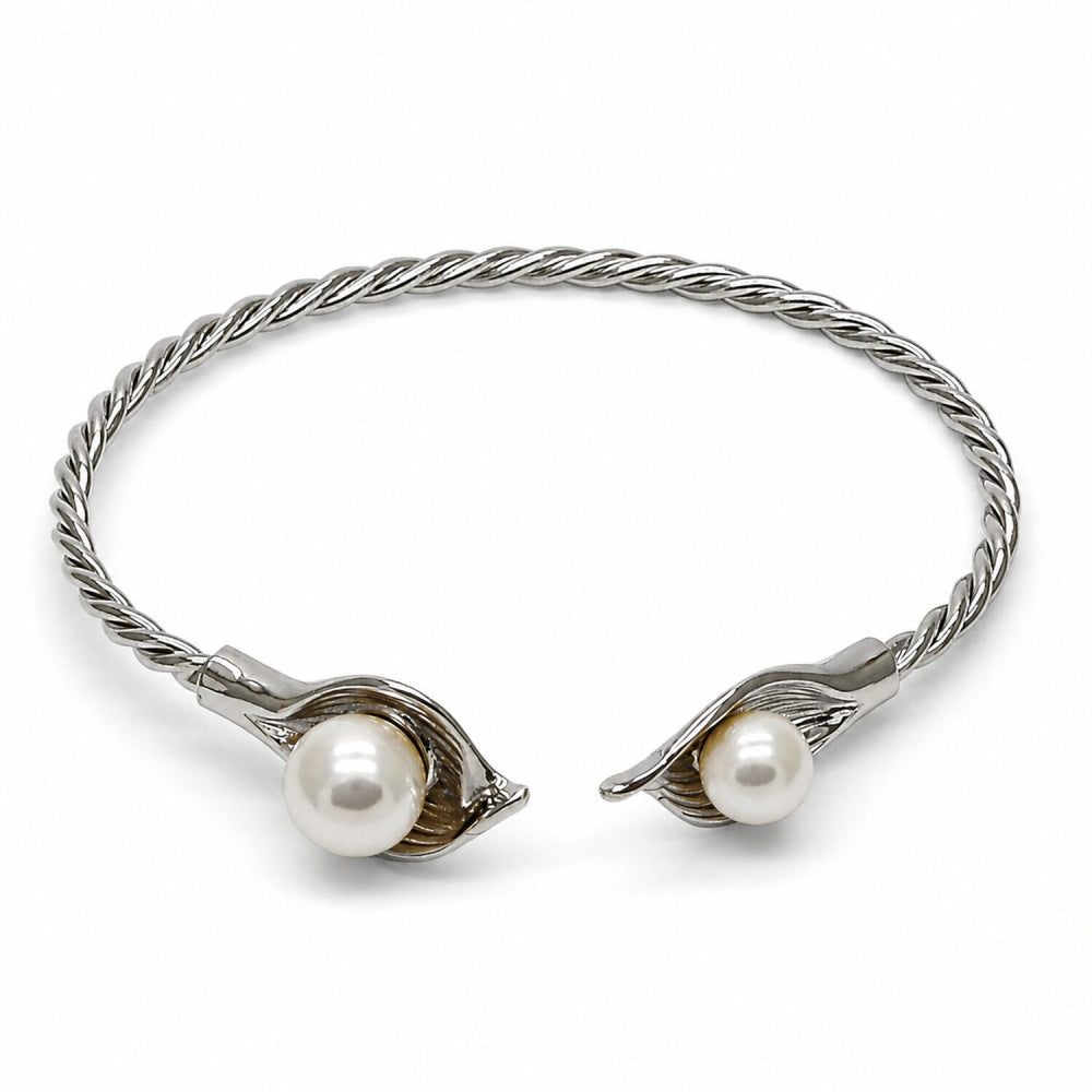 Rhodium Gold Filled Individual Bangle, Flower and Twist Design, with Ivory Pearl, Polished, Rhodium Finish