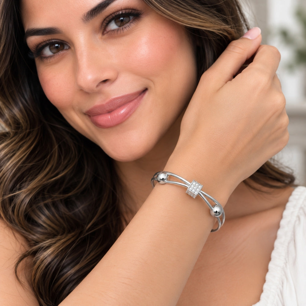 Rhodium Gold Filled Individual Bangle, Ball Design, with White Cubic Zirconia, Polished, Rhodium Finish