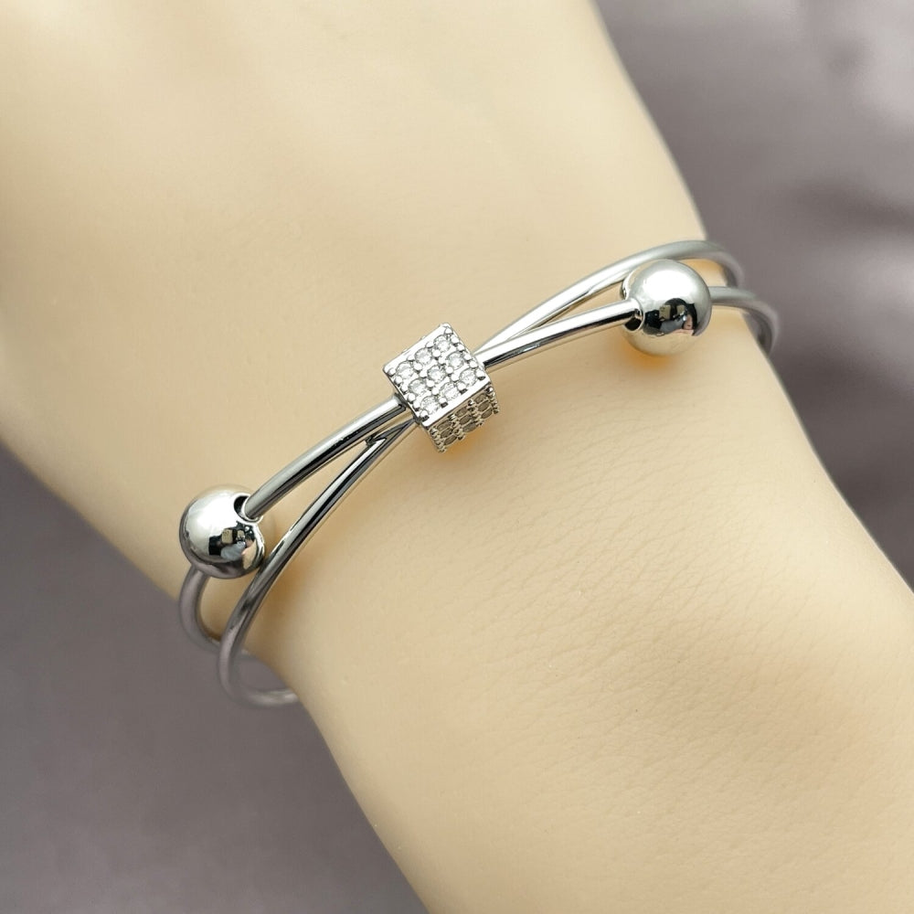Rhodium Gold Filled Individual Bangle, Ball Design, with White Cubic Zirconia, Polished, Rhodium Finish
