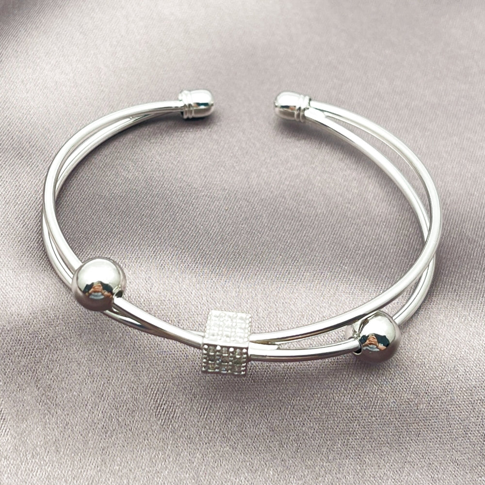 Rhodium Gold Filled Individual Bangle, Ball Design, with White Cubic Zirconia, Polished, Rhodium Finish