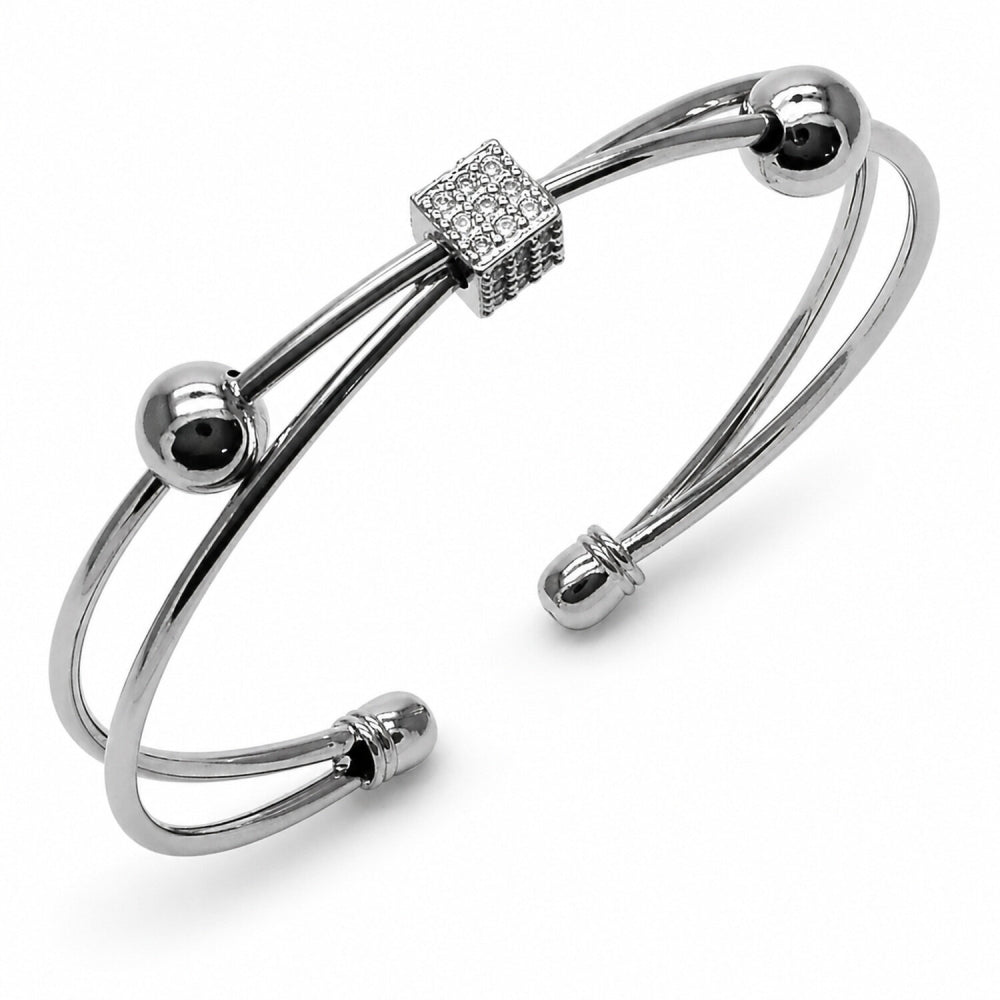 Rhodium Gold Filled Individual Bangle, Ball Design, with White Cubic Zirconia, Polished, Rhodium Finish