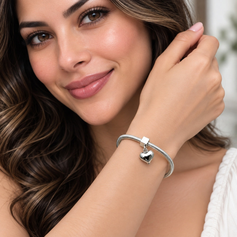 Rhodium Gold Filled Individual Bangle, Heart and Rat Tail Design, Polished, Rhodium Finish
