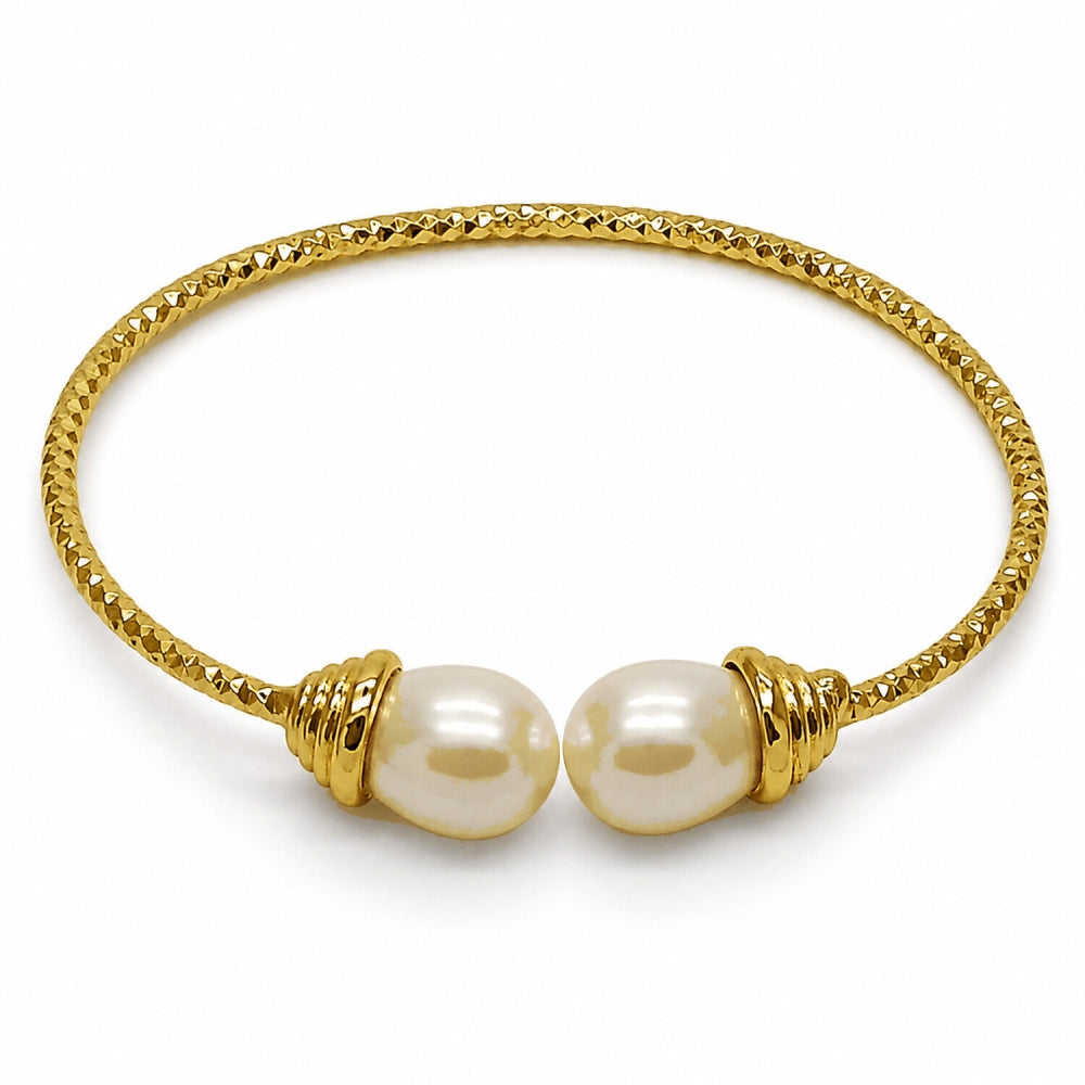 Oro Laminado Individual Bangle, Gold Filled Style Teardrop Design, with Ivory Pearl, Diamond Cutting Finish, Golden Finish