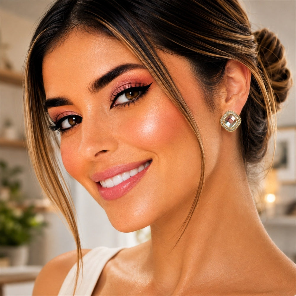 Oro Laminado Stud Earring, Gold Filled Style Cluster Design, with White Crystal and White Cubic Zirconia, Polished, Golden Finish