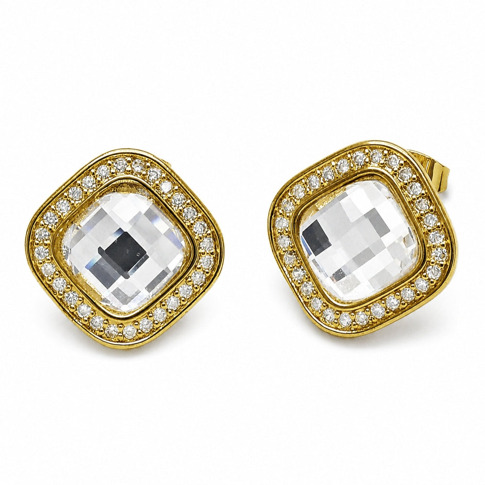 Oro Laminado Stud Earring, Gold Filled Style Cluster Design, with White Crystal and White Cubic Zirconia, Polished, Golden Finish