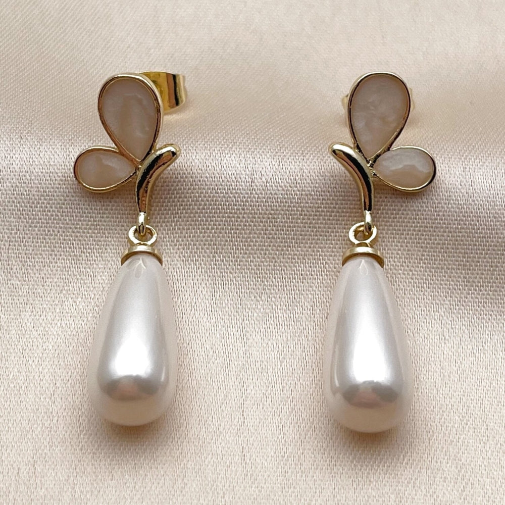 Oro Laminado Dangle Earring, Gold Filled Style Butterfly and Teardrop Design, with Ivory Pearl, White Enamel Finish, Golden Finish
