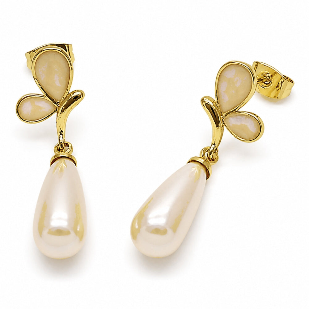 Oro Laminado Dangle Earring, Gold Filled Style Butterfly and Teardrop Design, with Ivory Pearl, White Enamel Finish, Golden Finish