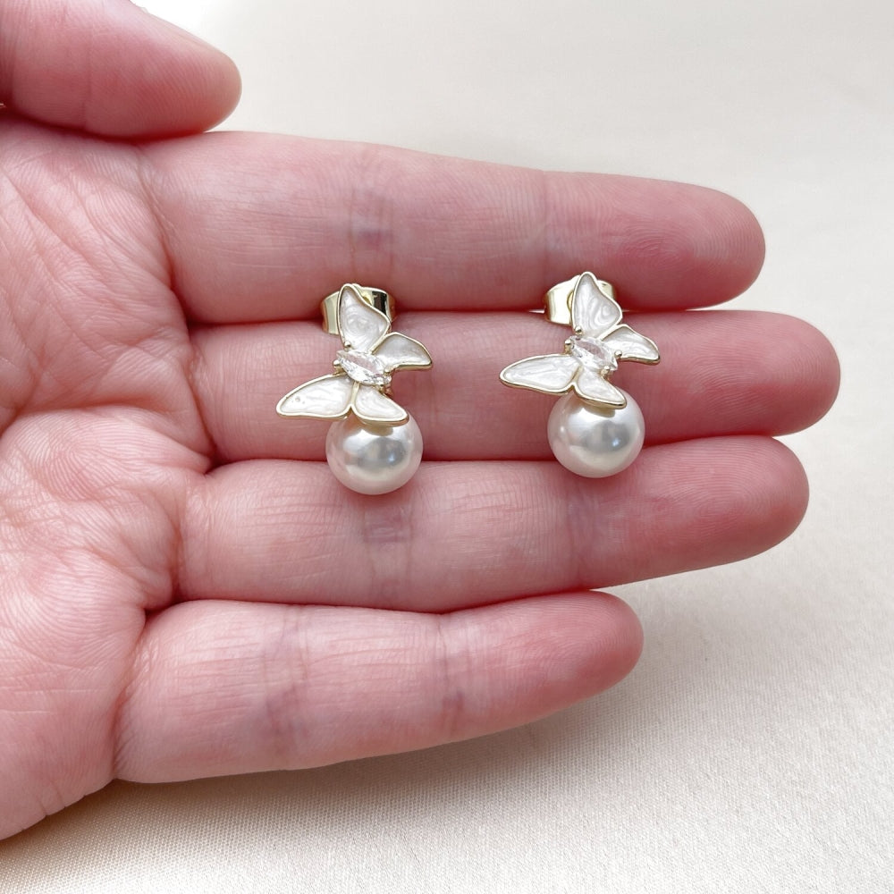 Oro Laminado Stud Earring, Gold Filled Style Butterfly and Ball Design, with Ivory Pearl and White Cubic Zirconia, White Enamel Finish, Golden Finish