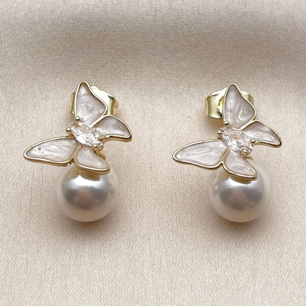 Oro Laminado Stud Earring, Gold Filled Style Butterfly and Ball Design, with Ivory Pearl and White Cubic Zirconia, White Enamel Finish, Golden Finish