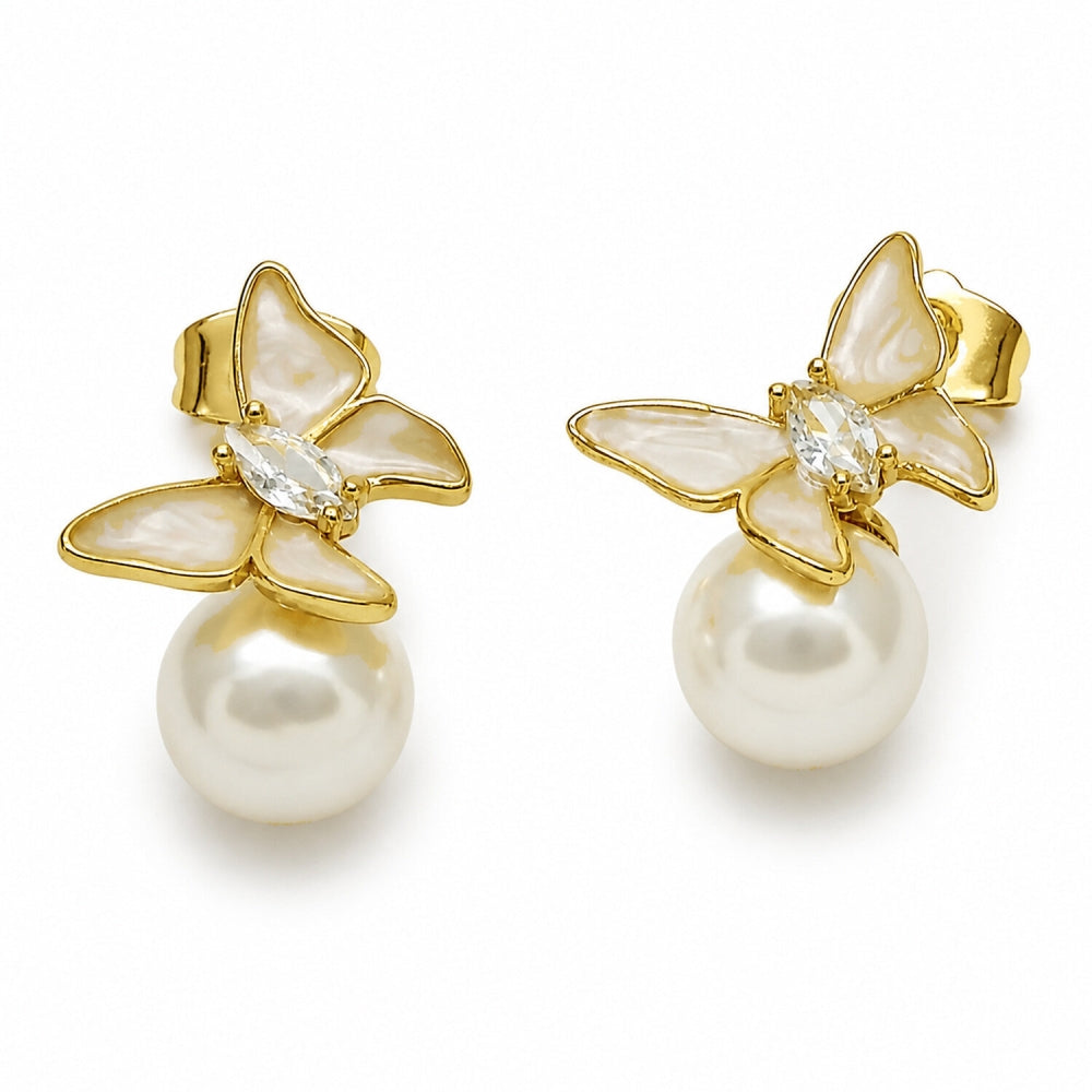 Oro Laminado Stud Earring, Gold Filled Style Butterfly and Ball Design, with Ivory Pearl and White Cubic Zirconia, White Enamel Finish, Golden Finish