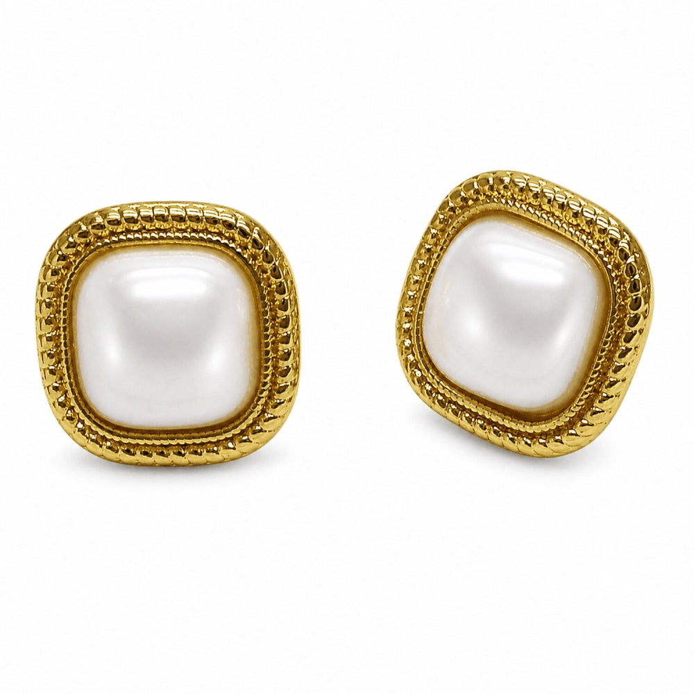 Oro Laminado Stud Earring, Gold Filled Style with Ivory Pearl, Polished, Golden Finish