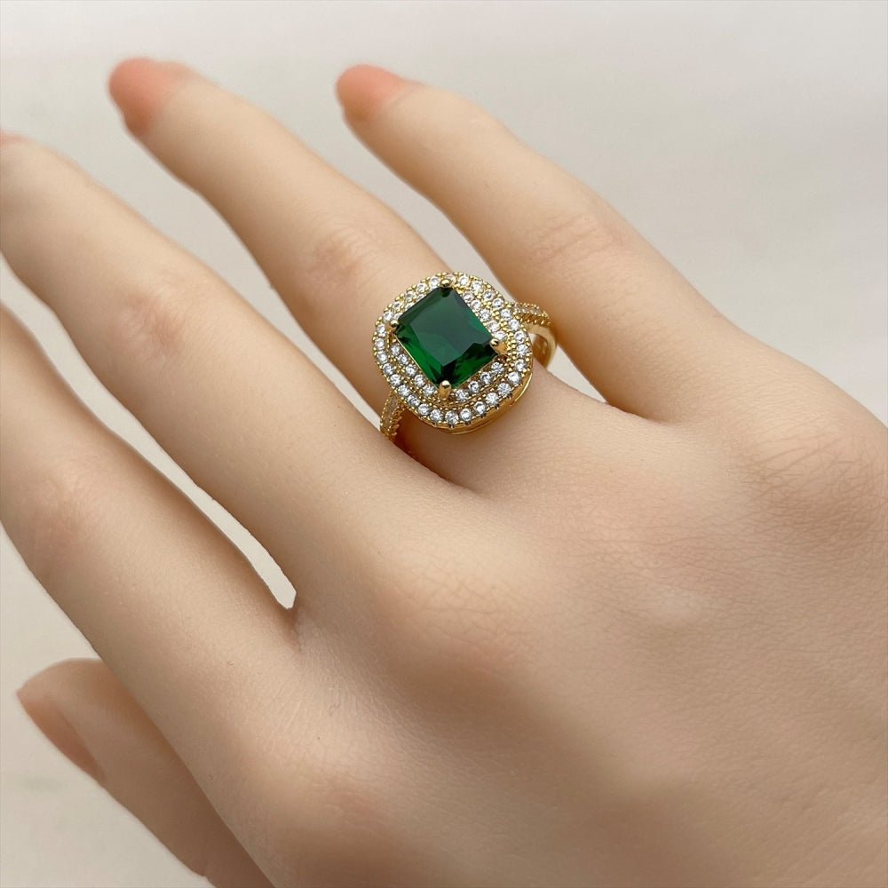 Oro Laminado Multi Stone Ring, Gold Filled Style Cluster and Baguette Design, with Green and White Cubic Zirconia, Polished, Golden Finish