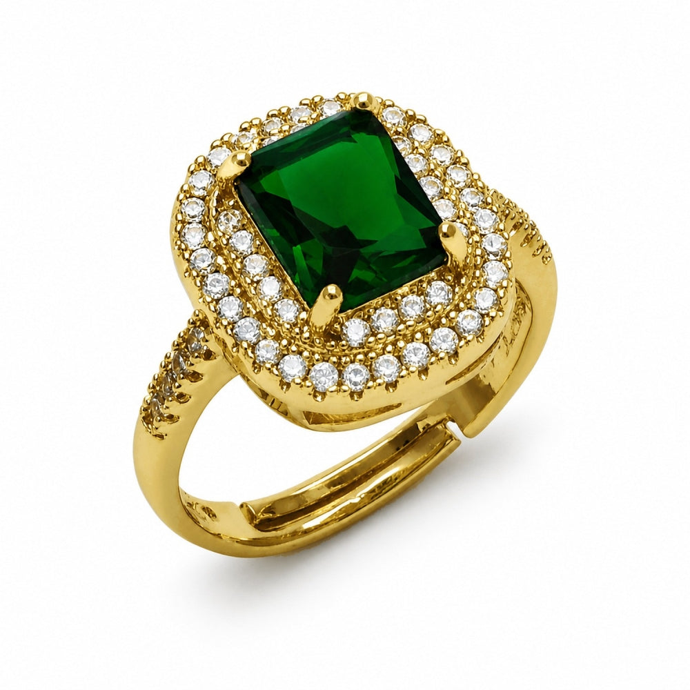 Oro Laminado Multi Stone Ring, Gold Filled Style Cluster and Baguette Design, with Green and White Cubic Zirconia, Polished, Golden Finish
