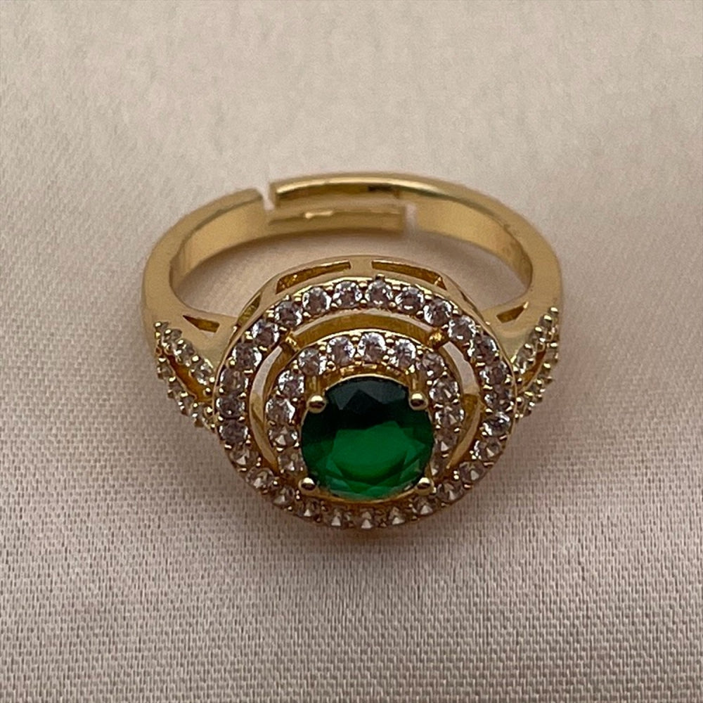 Oro Laminado Solitaire Ring, Gold Filled Style Cluster Design, with Green and White Cubic Zirconia, Polished, Golden Finish