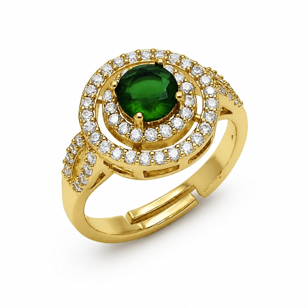 Oro Laminado Solitaire Ring, Gold Filled Style Cluster Design, with Green and White Cubic Zirconia, Polished, Golden Finish
