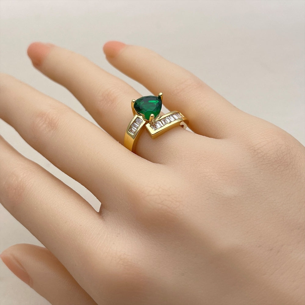 Oro Laminado Multi Stone Ring, Gold Filled Style Heart and Baguette Design, with Green and White Cubic Zirconia, Polished, Golden Finish