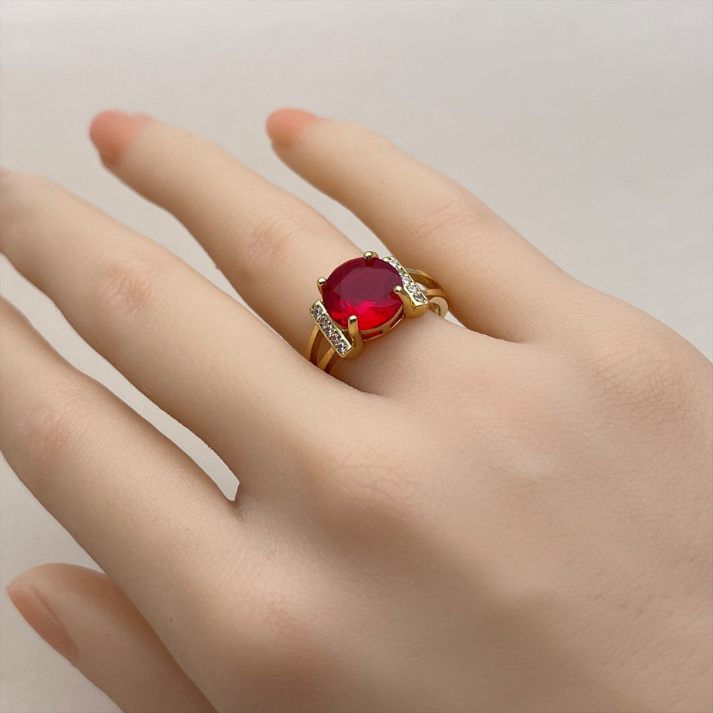 Oro Laminado Multi Stone Ring, Gold Filled Style Cluster Design, with Garnet and White Cubic Zirconia, Polished, Golden Finish