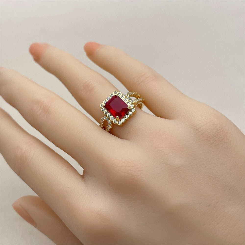 Oro Laminado Multi Stone Ring, Gold Filled Style Cluster Design, with Garnet and White Cubic Zirconia, Polished, Golden Finish