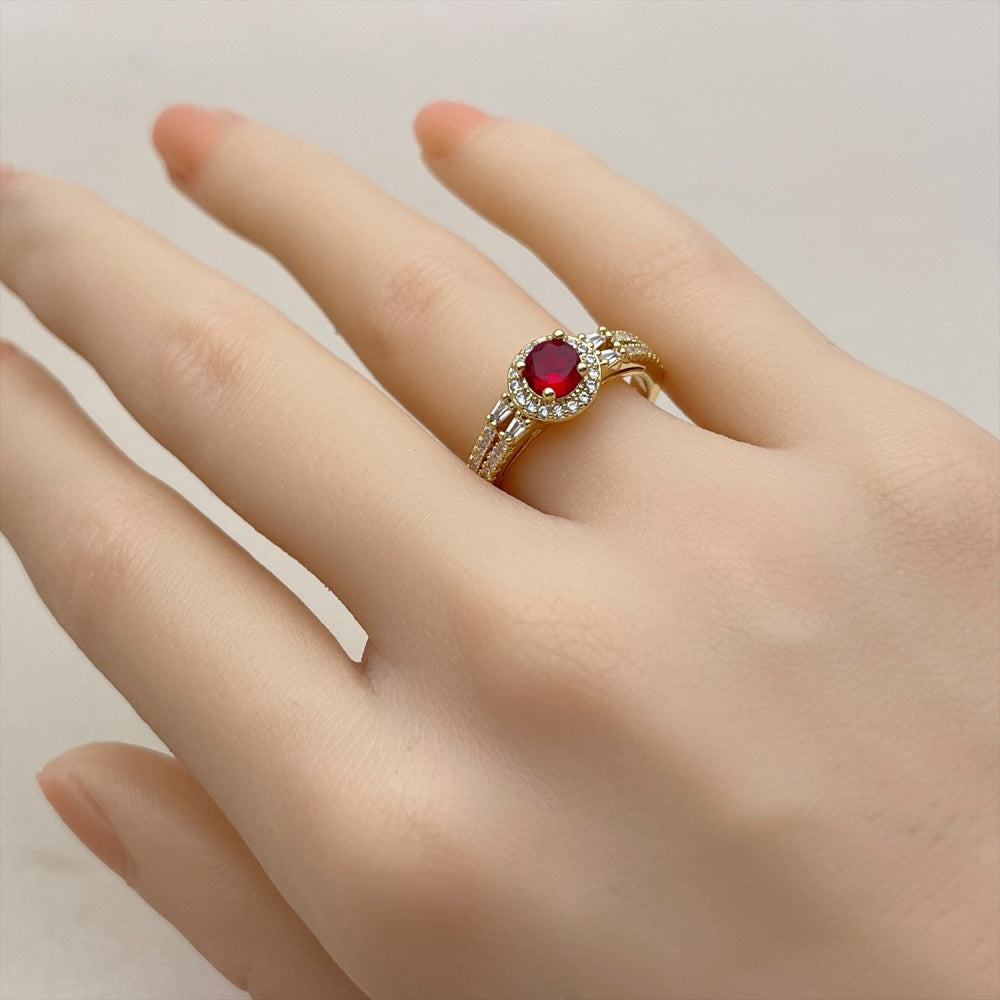 Oro Laminado Multi Stone Ring, Gold Filled Style Cluster and Baguette Design, with Garnet and White Cubic Zirconia, Polished, Golden Finish