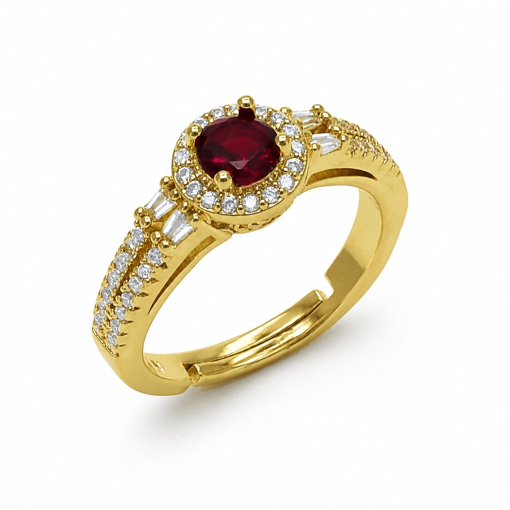 Oro Laminado Multi Stone Ring, Gold Filled Style Cluster and Baguette Design, with Garnet and White Cubic Zirconia, Polished, Golden Finish