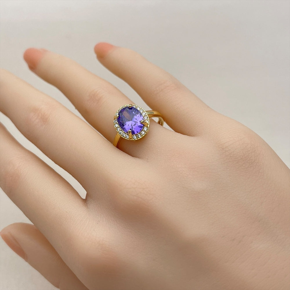Oro Laminado Multi Stone Ring, Gold Filled Style Cluster Design, with White and Amethyst Cubic Zirconia, Polished, Golden Finish