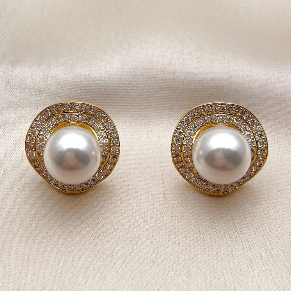 Oro Laminado Stud Earring, Gold Filled Style Ball Design, with Ivory Pearl and White Cubic Zirconia, Polished, Golden Finish