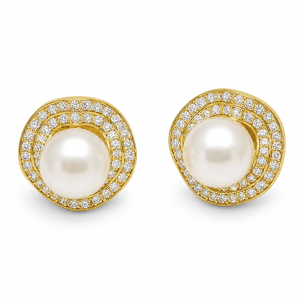 Oro Laminado Stud Earring, Gold Filled Style Ball Design, with Ivory Pearl and White Cubic Zirconia, Polished, Golden Finish