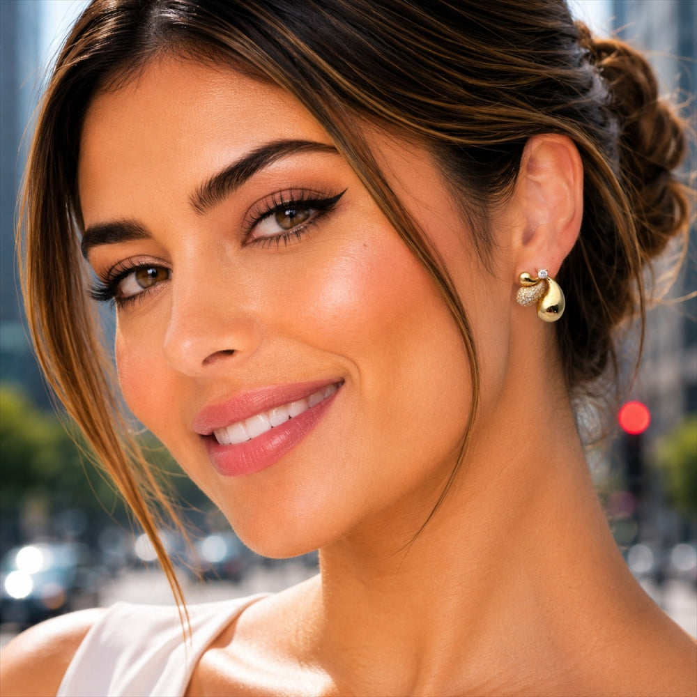 Oro Laminado Stud Earring, Gold Filled Style Teardrop Design, with White Cubic Zirconia and White Micro Pave, Polished, Golden Finish