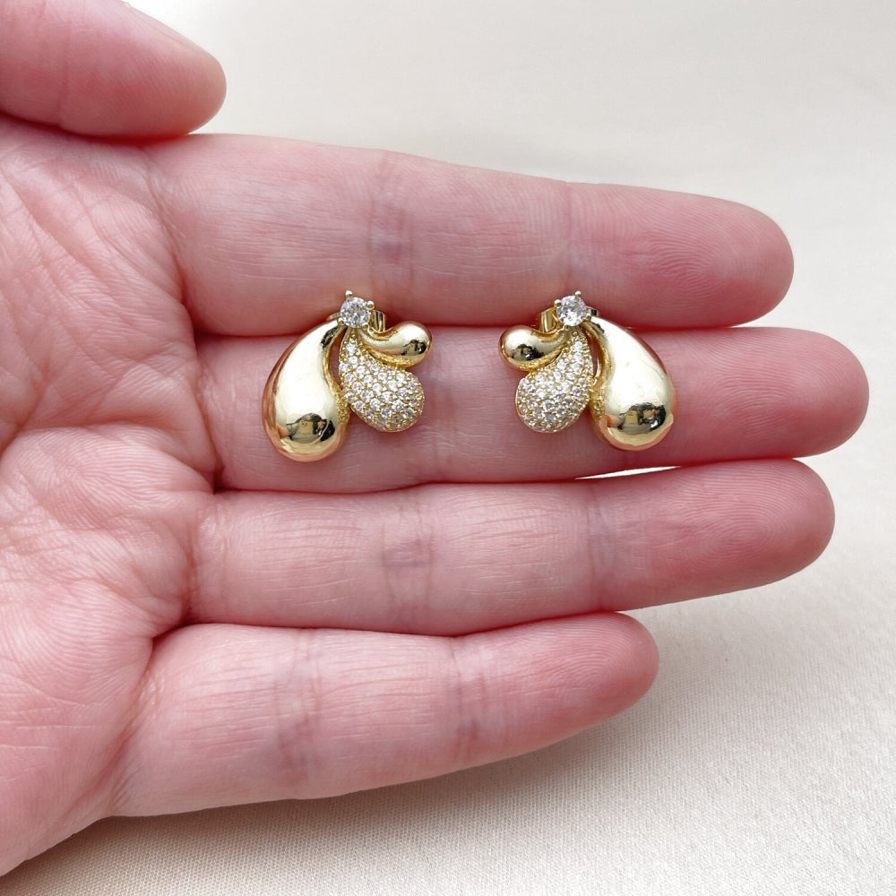 Oro Laminado Stud Earring, Gold Filled Style Teardrop Design, with White Cubic Zirconia and White Micro Pave, Polished, Golden Finish