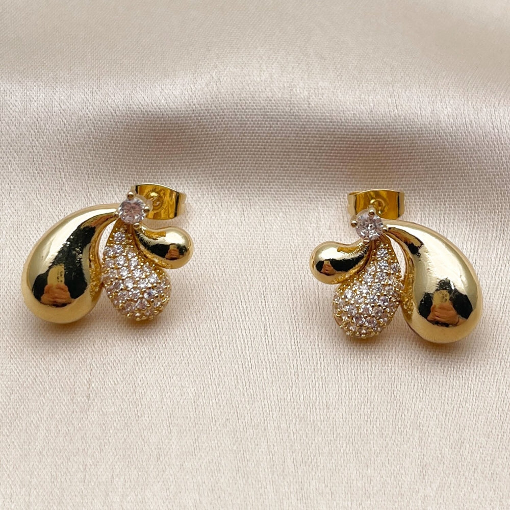 Oro Laminado Stud Earring, Gold Filled Style Teardrop Design, with White Cubic Zirconia and White Micro Pave, Polished, Golden Finish