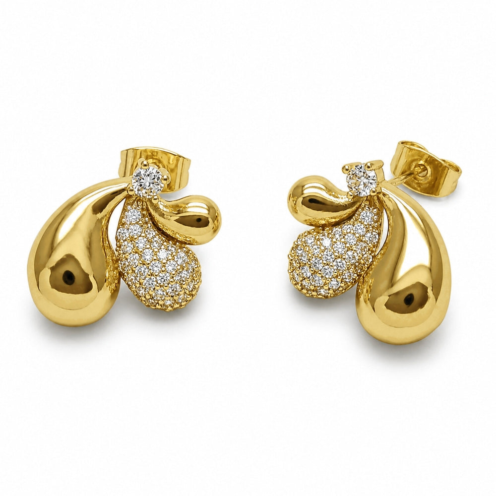 Oro Laminado Stud Earring, Gold Filled Style Teardrop Design, with White Cubic Zirconia and White Micro Pave, Polished, Golden Finish