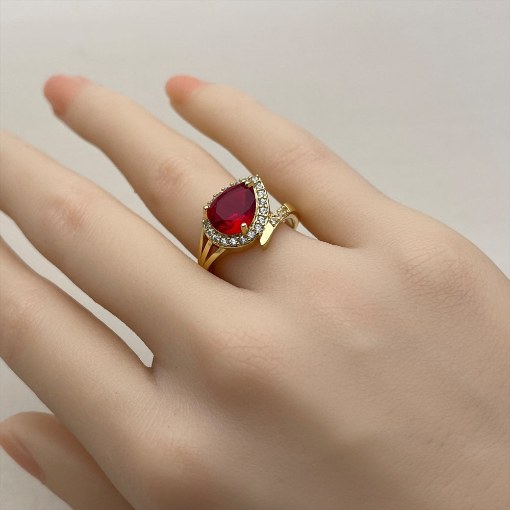 Oro Laminado Multi Stone Ring, Gold Filled Style Cluster and Teardrop Design, with Garnet and White Cubic Zirconia, Polished, Golden Finish