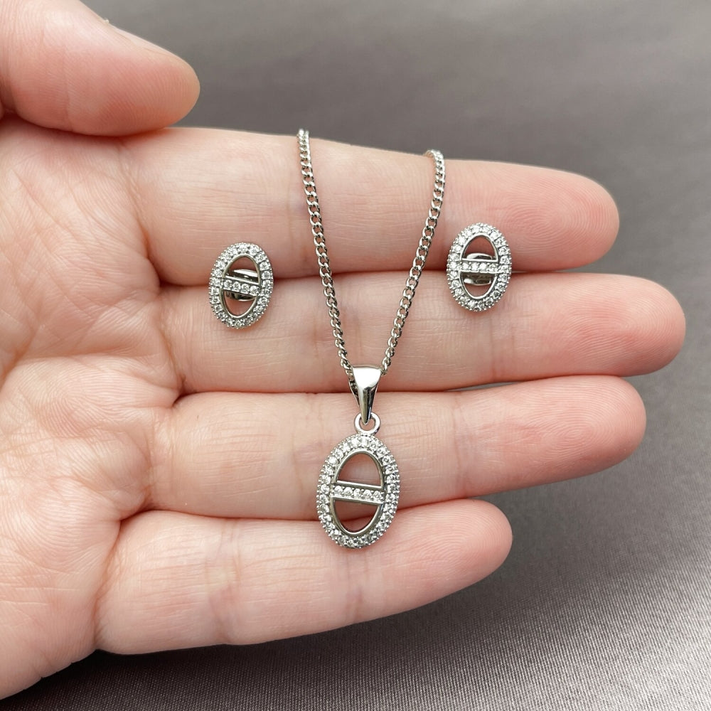 Rhodium Gold Filled Earring and Pendant Adult Set, Puff Mariner Design, with White Micro Pave, Polished, Rhodium Finish