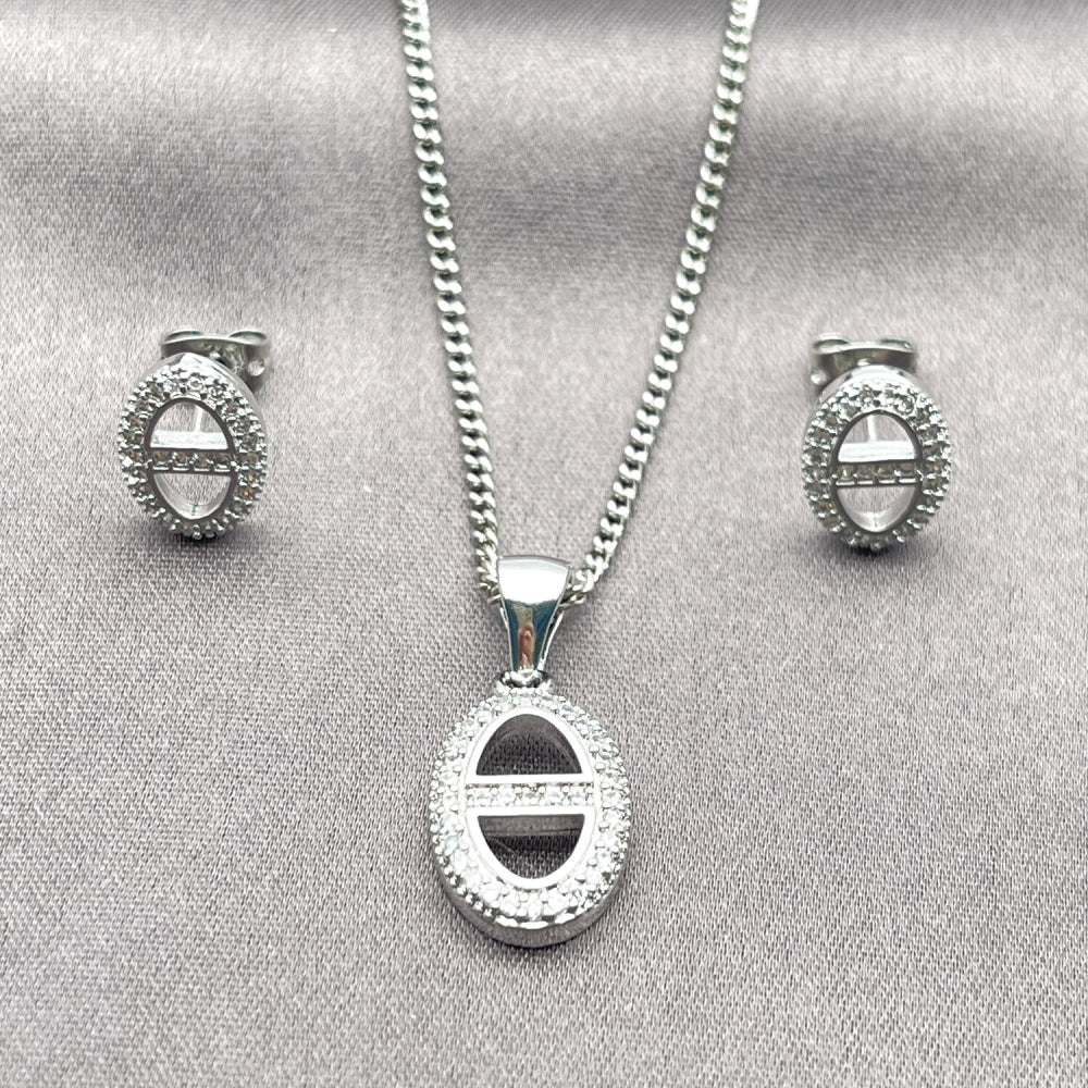 Rhodium Gold Filled Earring and Pendant Adult Set, Puff Mariner Design, with White Micro Pave, Polished, Rhodium Finish