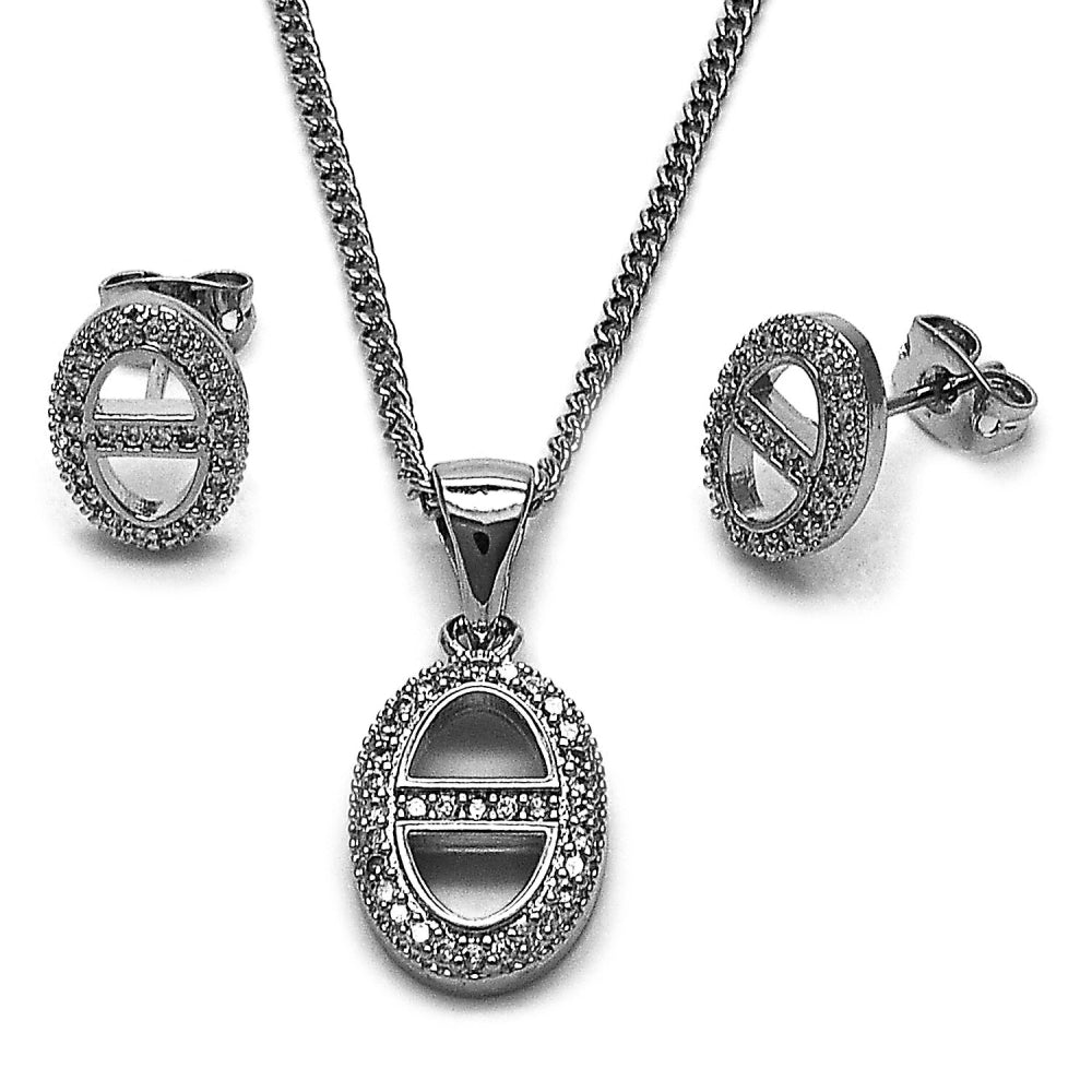 Rhodium Gold Filled Earring and Pendant Adult Set, Puff Mariner Design, with White Micro Pave, Polished, Rhodium Finish