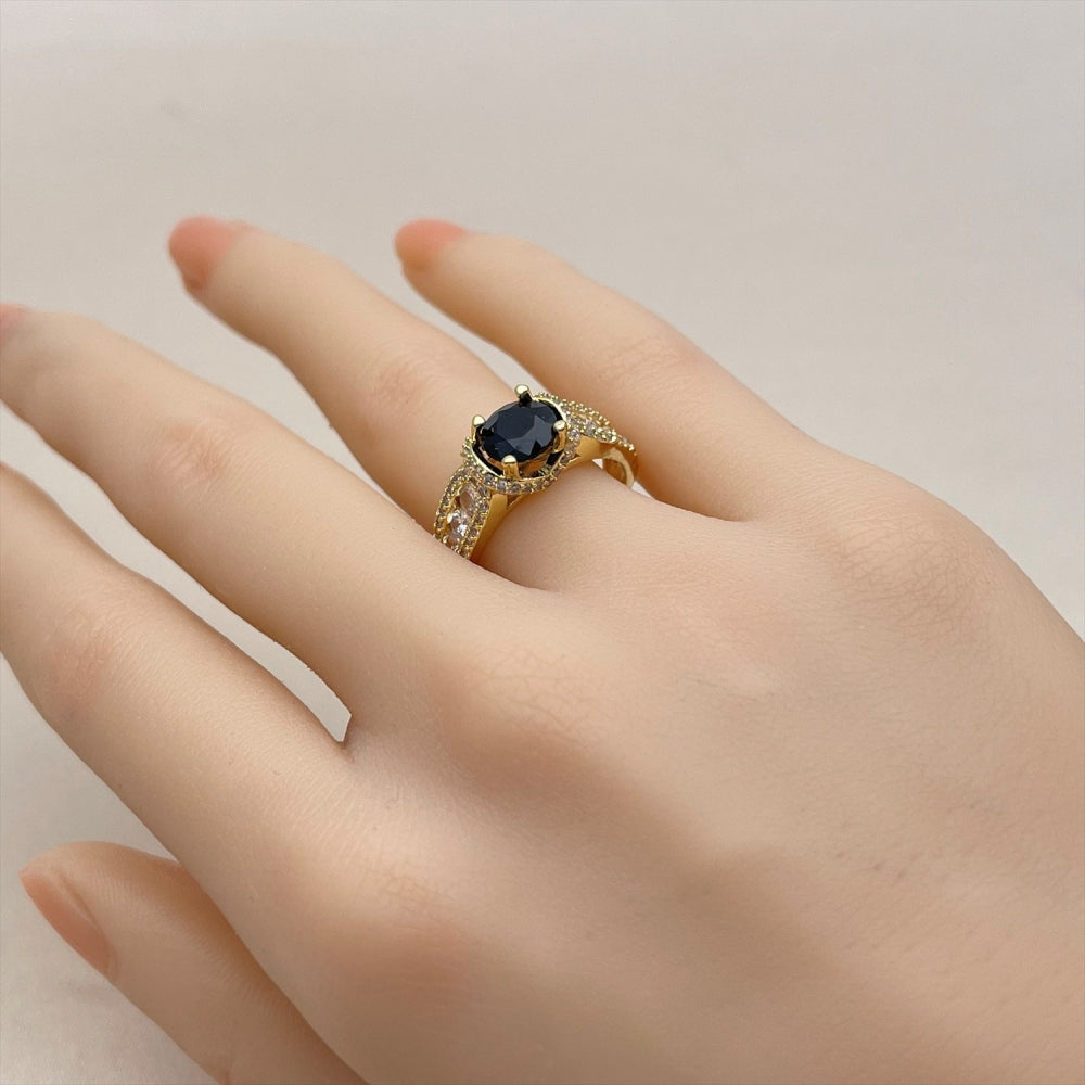 Oro Laminado Multi Stone Ring, Gold Filled Style Heart and Cluster Design, with Black and White Cubic Zirconia, Polished, Golden Finish