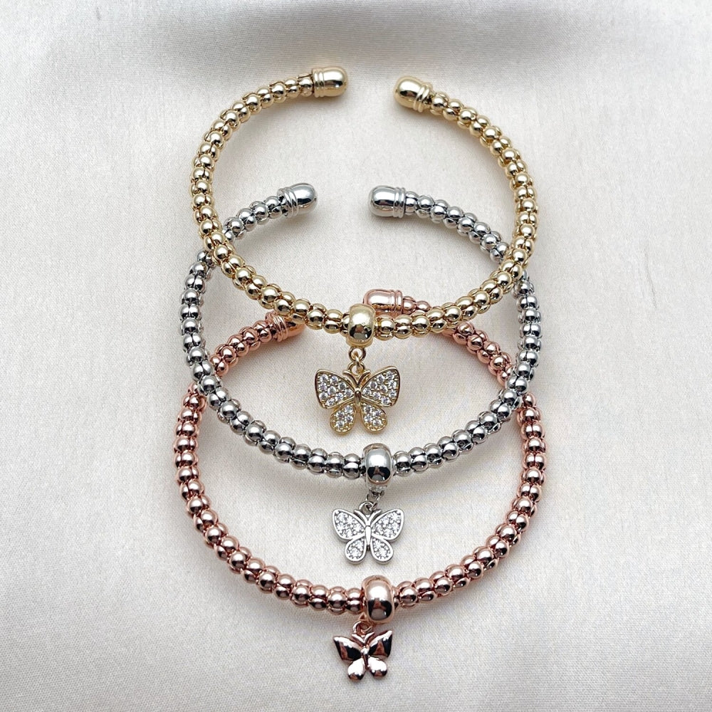 Oro Laminado Trio Bangle, Gold Filled Style Butterfly and Ball Design, with White Cubic Zirconia, Polished, Tricolor