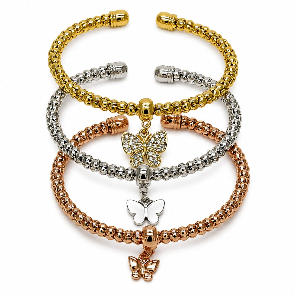 Oro Laminado Trio Bangle, Gold Filled Style Butterfly and Ball Design, with White Cubic Zirconia, Polished, Tricolor