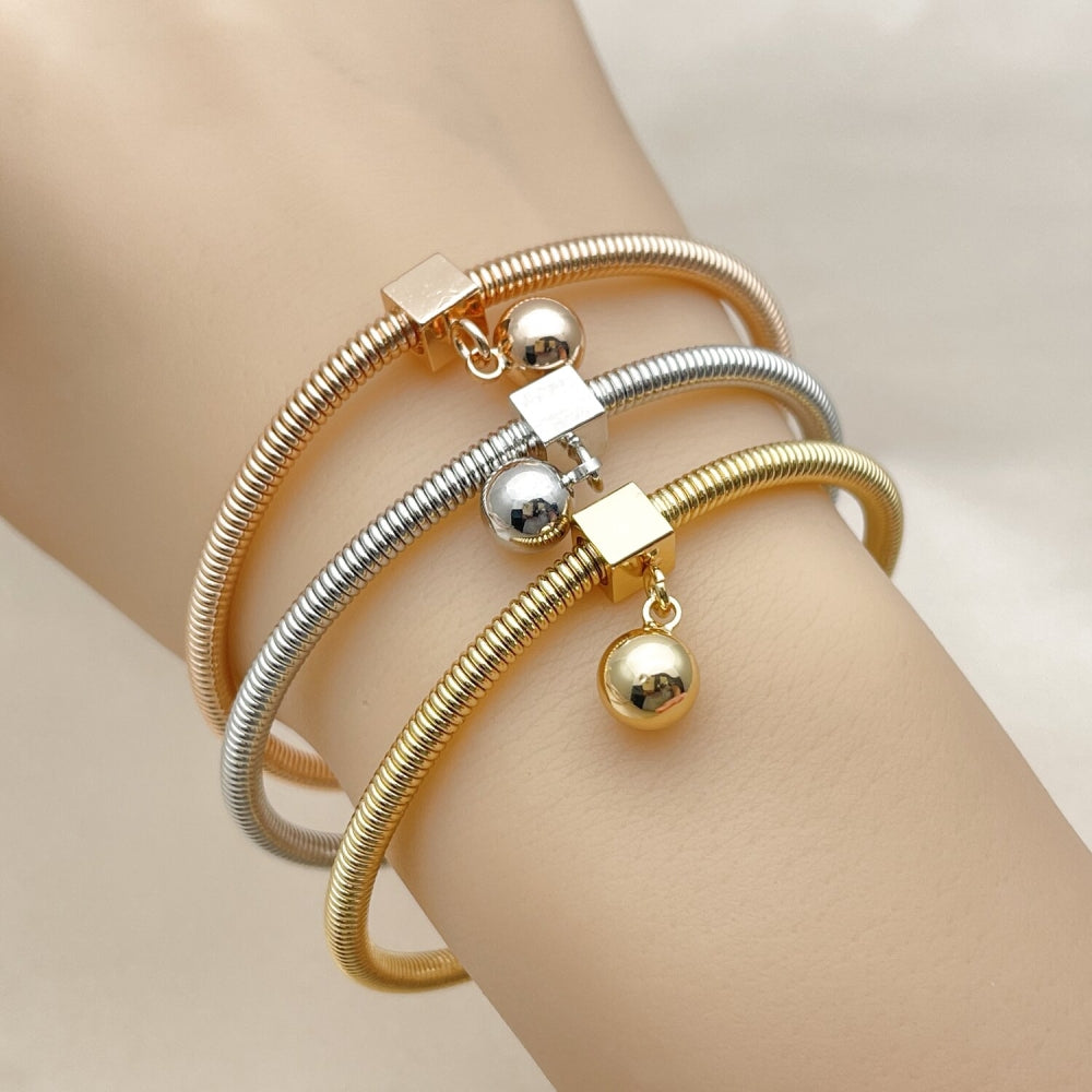 Oro Laminado Individual Bangle, Gold Filled Style Ball and Rat Tail Design, Polished, Tricolor