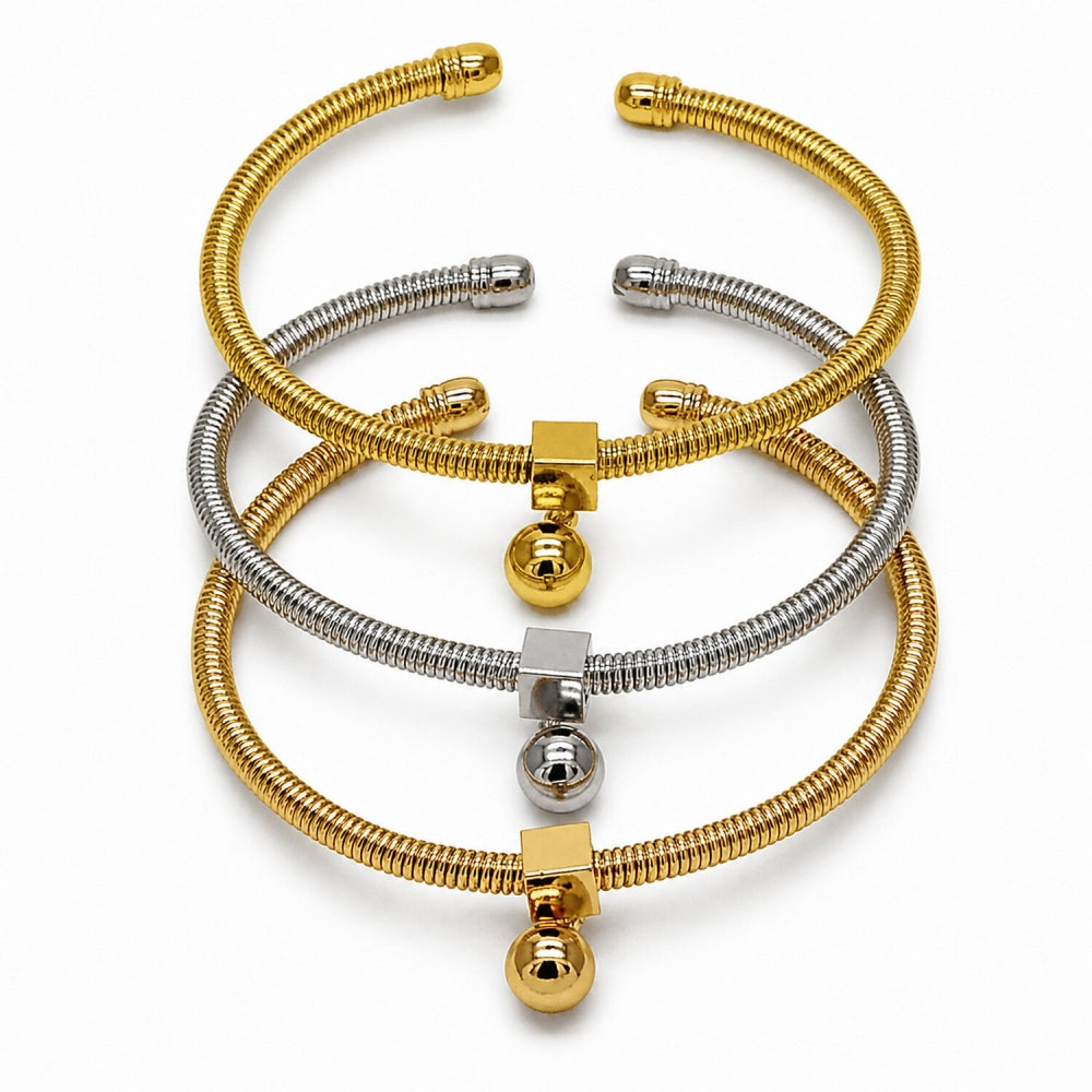 Oro Laminado Individual Bangle, Gold Filled Style Ball and Rat Tail Design, Polished, Tricolor