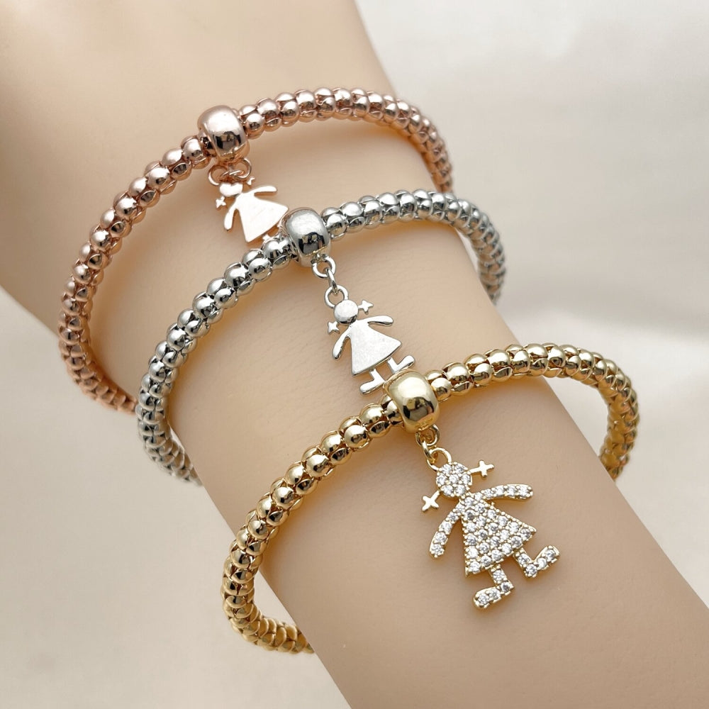 Oro Laminado Trio Bangle, Gold Filled Style Ball and Little Girl Design, with White Cubic Zirconia, Polished, Tricolor