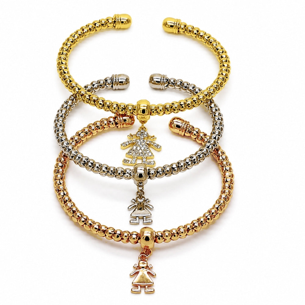 Oro Laminado Trio Bangle, Gold Filled Style Ball and Little Girl Design, with White Cubic Zirconia, Polished, Tricolor