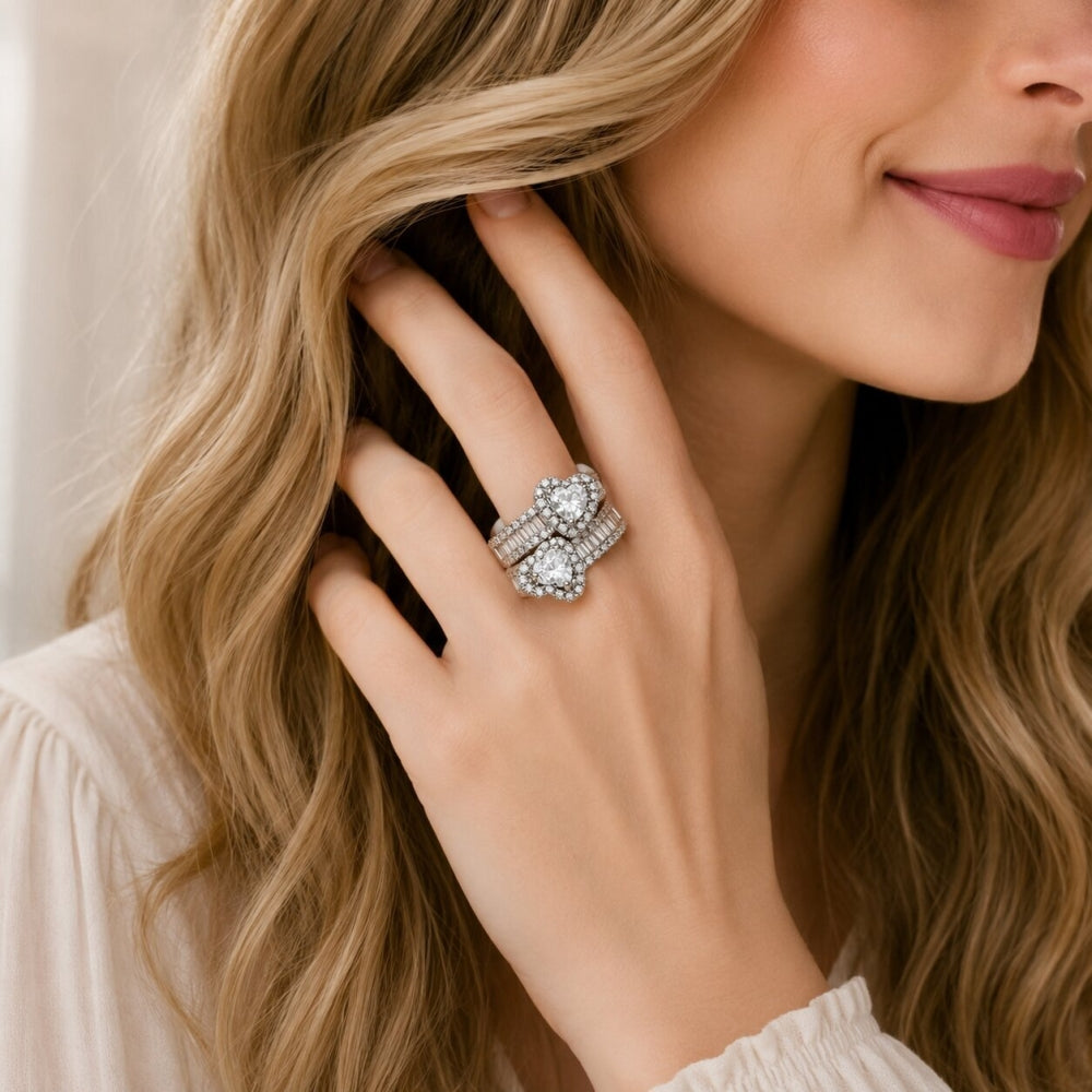 Rhodium Gold Filled Multi Stone Ring, Heart and Baguette Design, with White Cubic Zirconia and White Micro Pave, Polished, Rhodium Finish